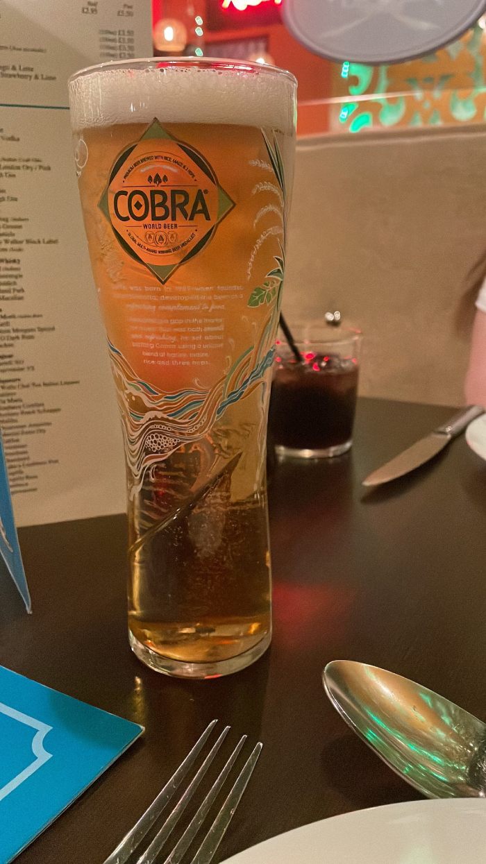 A chilled pint of Cobra lager in a branded glass on a dining table at MariGold 
restaurant in Kilmacolm. 