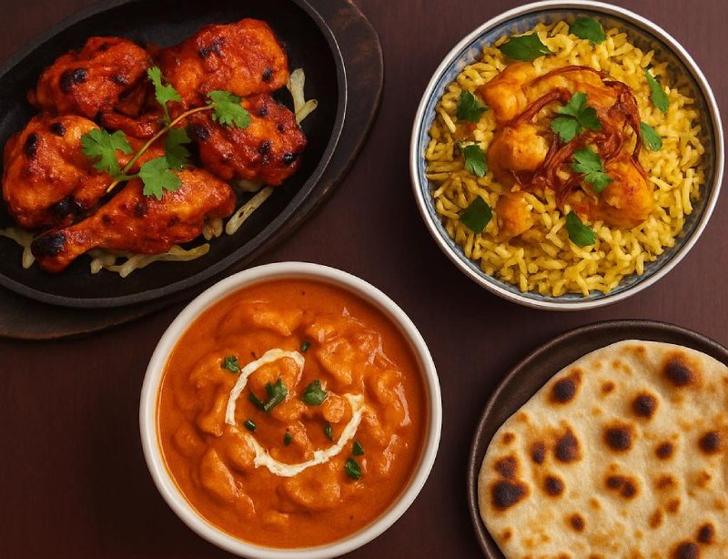 A spread of Indian dishes, including Tandoori chicken, creamy curry, Pilau rice 
with caramelised onions, and naan bread at MariGold, Kilmacolm. 